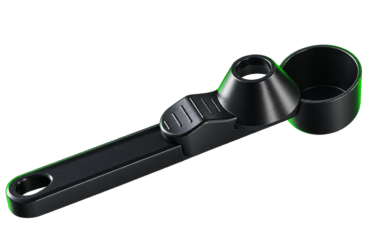 Plain black 50 ml scoop with sliding funnel lid